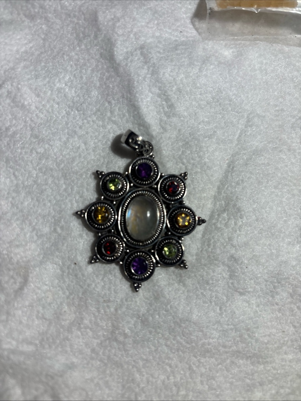 925 VTG Doug Paulus Multi Gem Pendant with Moonstone Petidot & Amethyst Stones